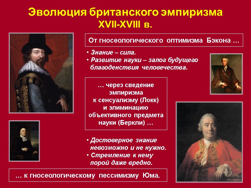 От гносеологического оптимизма Бэкона … … к гносеологическому пессимизму Юма.  Знание – сила.